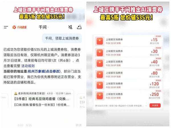 全国首次！杭州上城区联合千问APP发放消费券，市民一句话即可领券下单